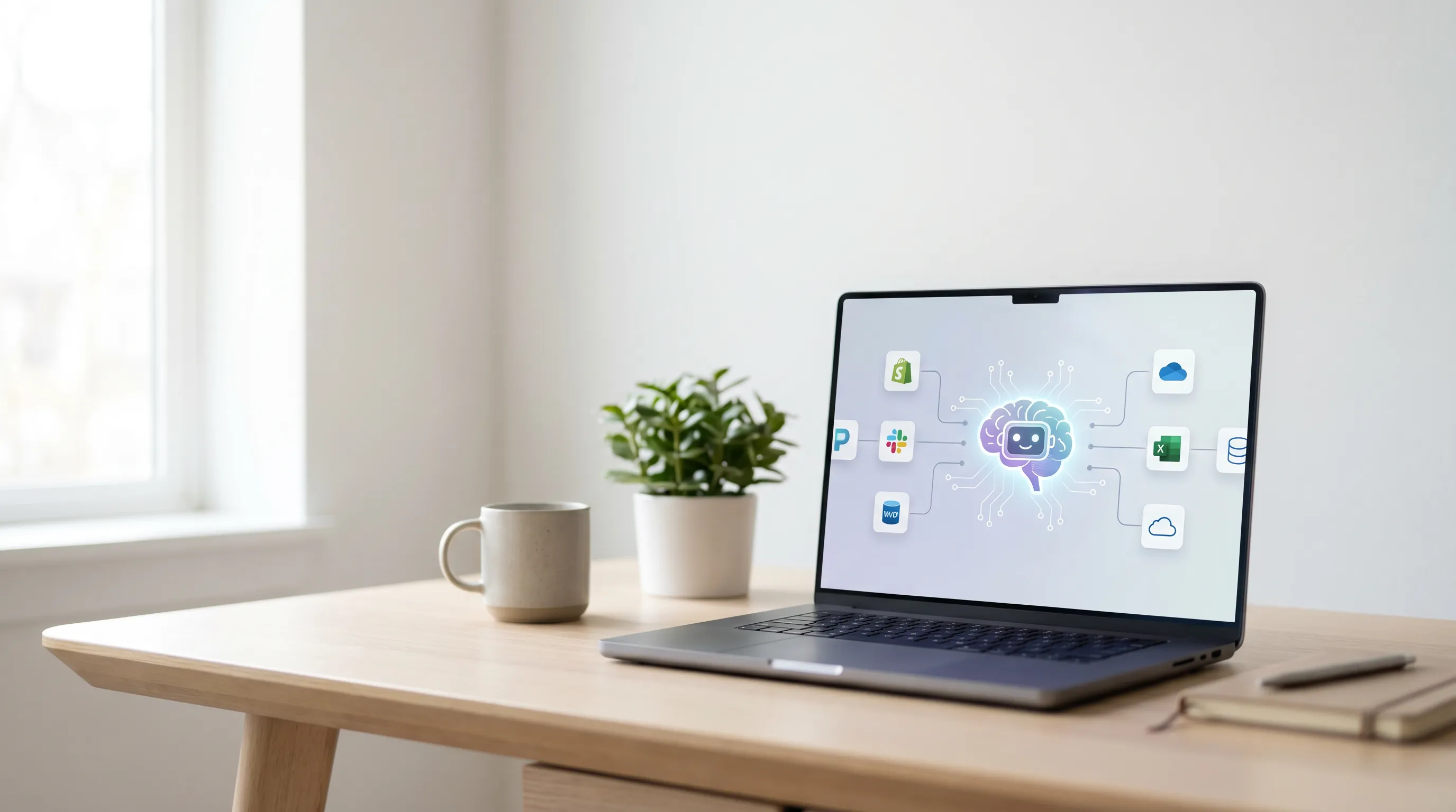AI agent workflow automation — robot brain connecting apps and data sources on a screen