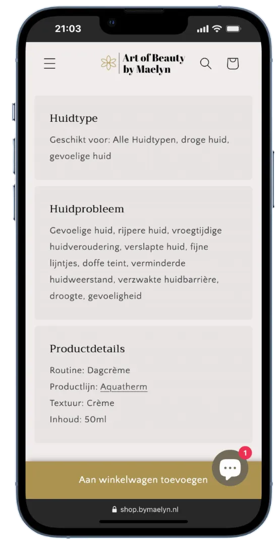 Productpagina met metavelden voor huidtype, huidprobleem en productdetails, dynamisch gegenereerd per product