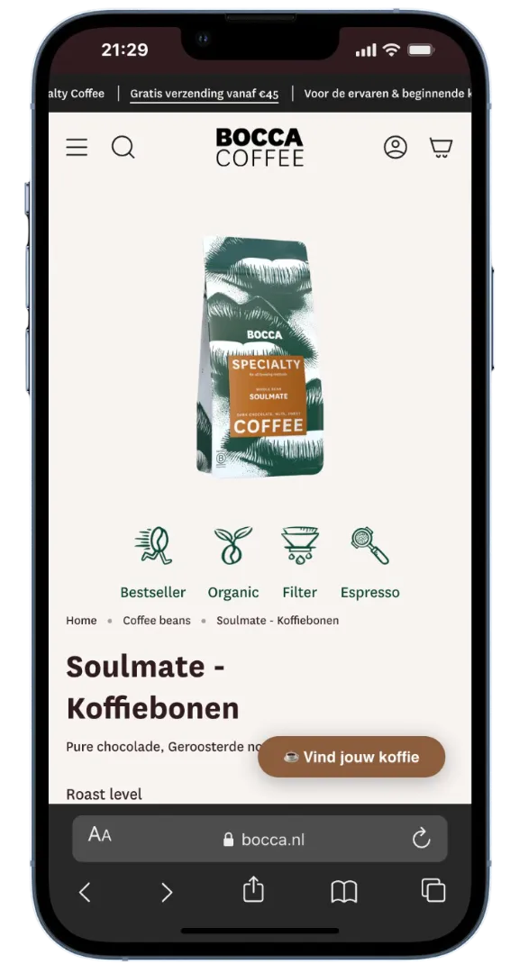 Productpagina met illustratieve iconen in de Bocca-huisstijl, smaakprofiel, bereidingsmethode en kenmerken via custom metafields