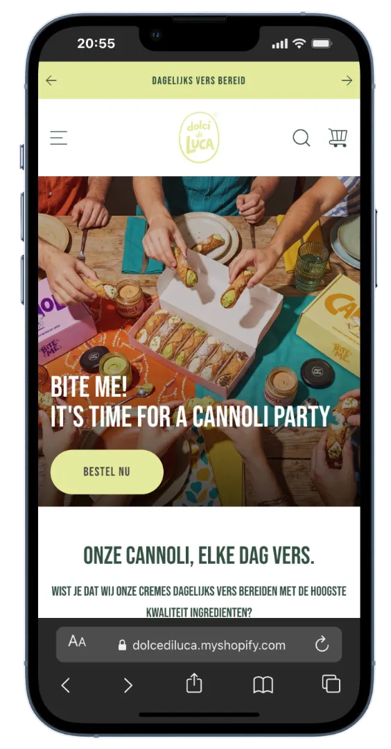 Mobiele homepage met kleurrijke hero, directe bestel-CTA en dagverse propositie