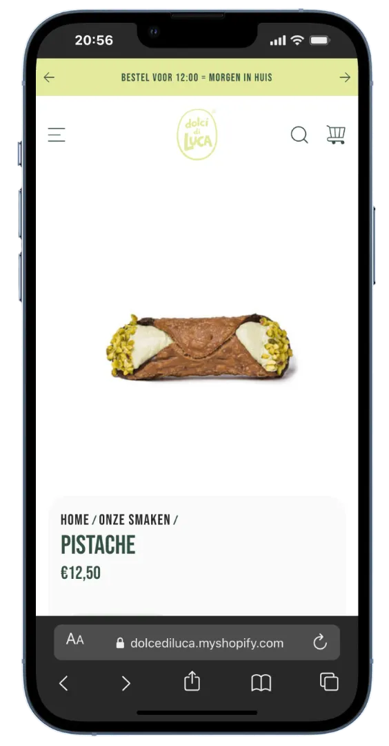 Productpagina met clean productshot, breadcrumb en directe prijs, geoptimaliseerd voor mobiel