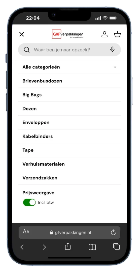BTW-schakelaar in het mobiele menu zodat B2B-klanten direct ex-btw prijzen zien en B2C-klanten incl. btw