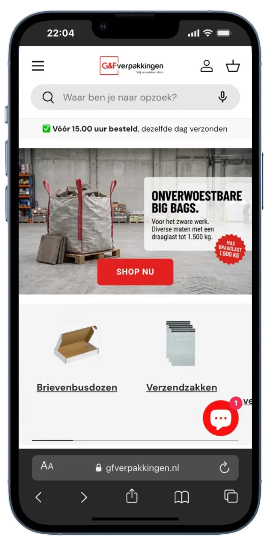 Mobiele homepage na de professionaliseringsslag met overzichtelijke categorienavigatie en duidelijke propositie