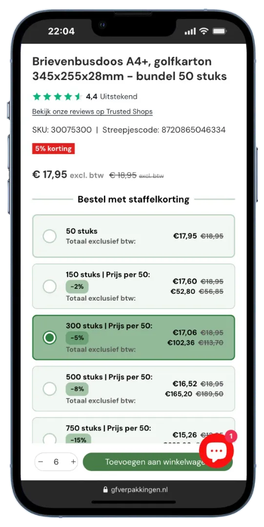 Productpagina met staffelkorting-integratie voor hogere gemiddelde orderwaarde bij grotere afname