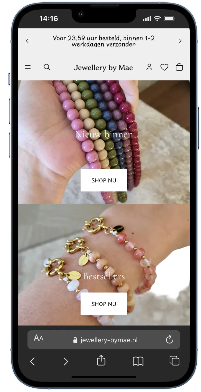 Mobiele homepage met categoriebanner en directe shop-CTA's
