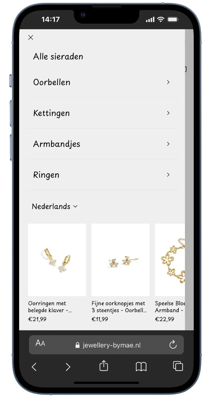 Mobiel stappenmenu met collectienavigatie en productcarousel