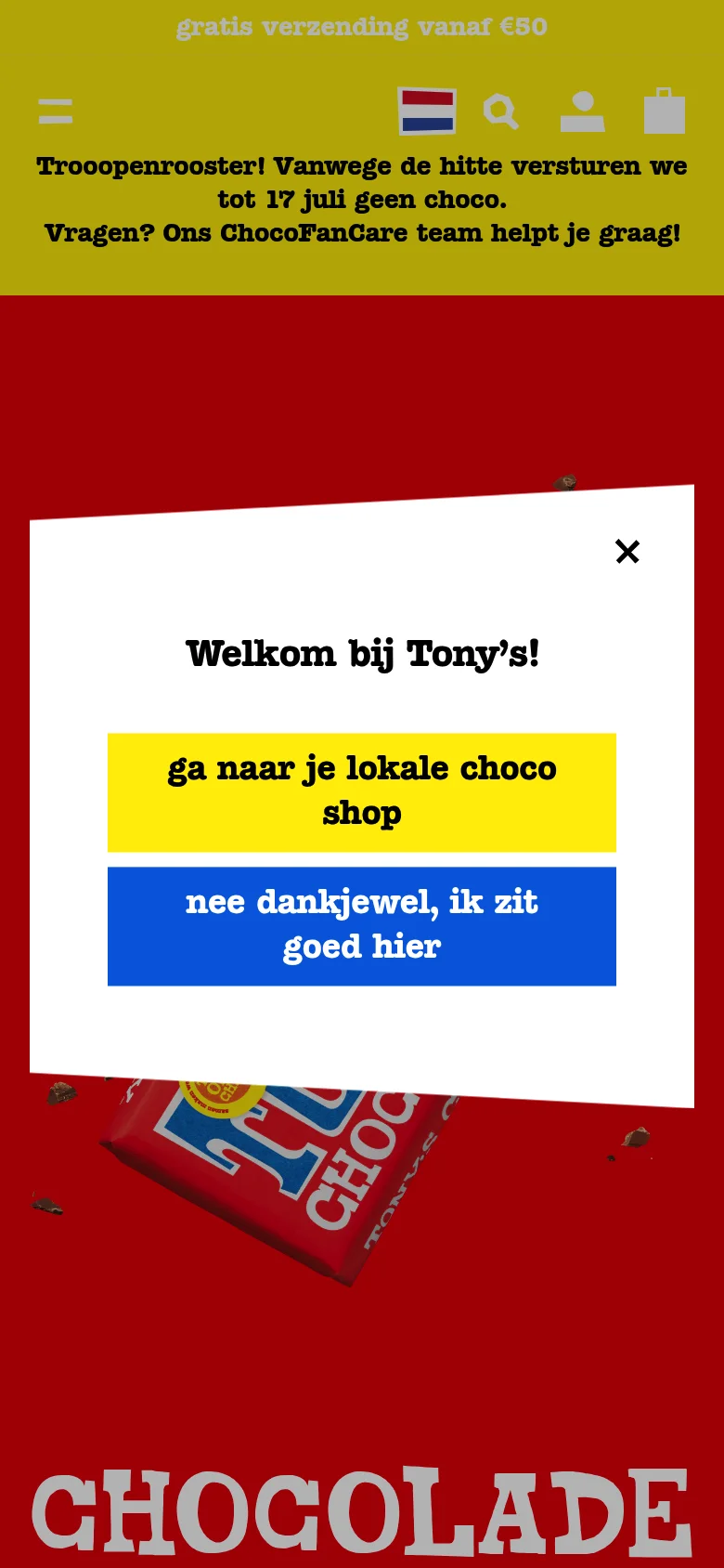 Tony's Chocolonely Shopify webshop on mobile